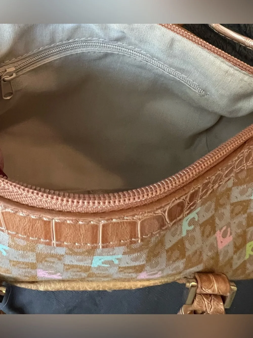 LizClaiborne Multicolor Logo Print Satchel Handbag - Brown Trim